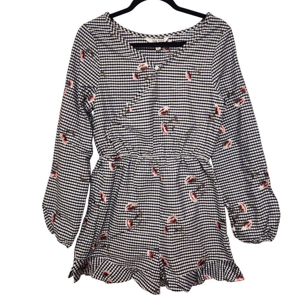 The Edit by Seventeen Navy White Gingham Floral Embroidered Romper Size Medium